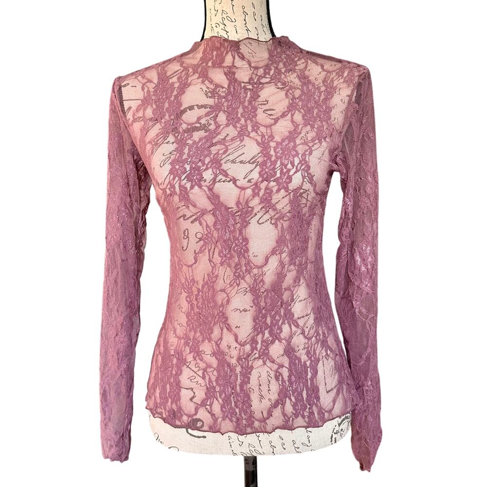 AvidLove Purple Sheer Lace Long Sleeve Romantic Top, Thumbholes, Size M, NWOT
